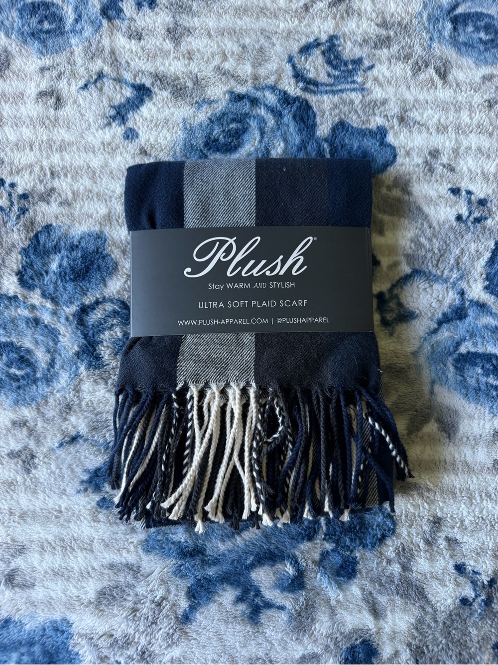 Plush Ultra Soft Navy and Gray Plaid Scarf